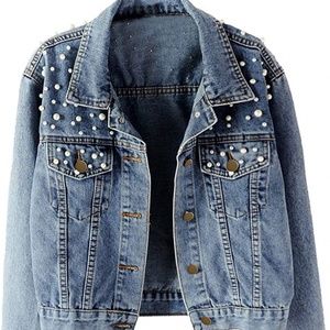 Women's Casual Embroidered Pearls Beading Denim Jacket